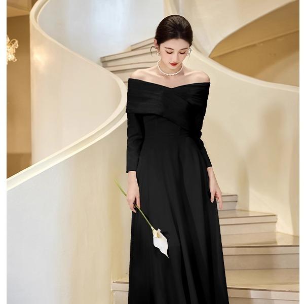 High-end White Evening Dress, Banquet Temperament, One-word Shoulder Long-sleeved Host Performance Uniform, Certificate Engagement Dress