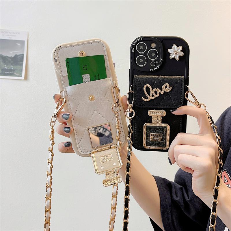 Luxury silicone perfume holder case with oblique chain for Apple 14 Promax, 13, 12, 11 soft full package card holder.