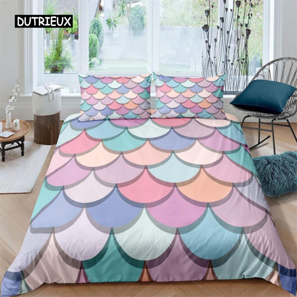 Färgglatt påslakan med sjöjungfruskal, tryck med fiskfjäll, sängklädesset King Full för barn pojkar flickor, havstema, täcköverdrag