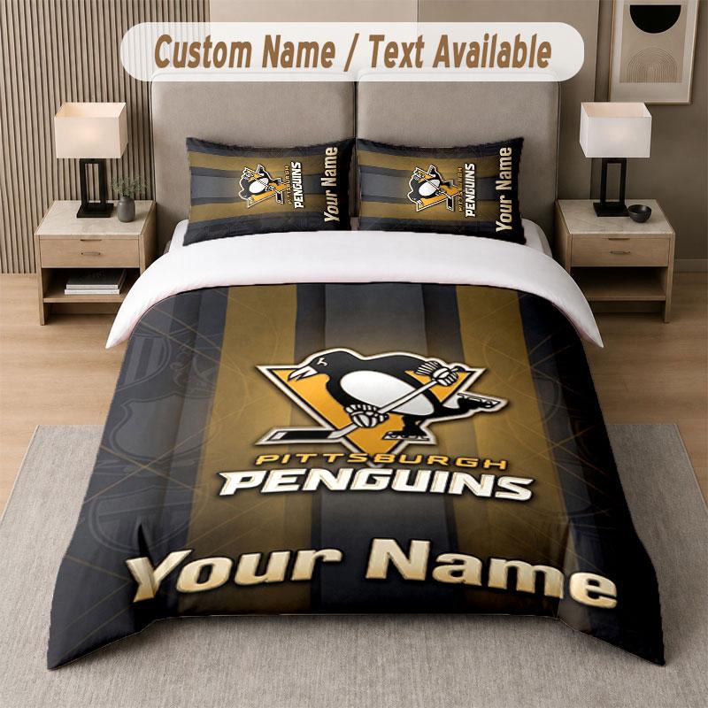 Maßgeschneidertes Bettwäsche-Set Pittsburgh Penguins Muster, Druck Name Text 1 Bettbezug plus 2 Kissenbezüge Heimtextilien