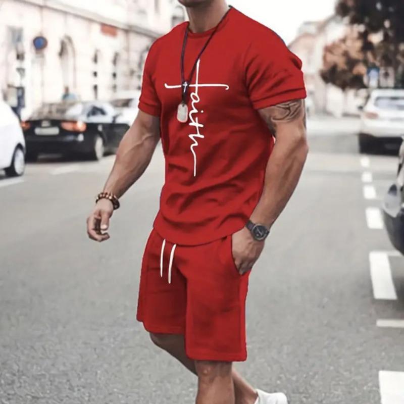 Gradient Men's Suit Casual New Short Sleeve With Shorts 3d Letter Faith Printed T-Shirt And Drawstring  Shorts 2-Piece Sets
