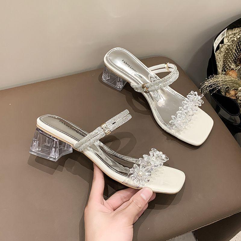 French Flower Rhinestone with Low Heels for Women 2025 Summer New Open-toed Casual High-end Thick-heeled Sandals for Women