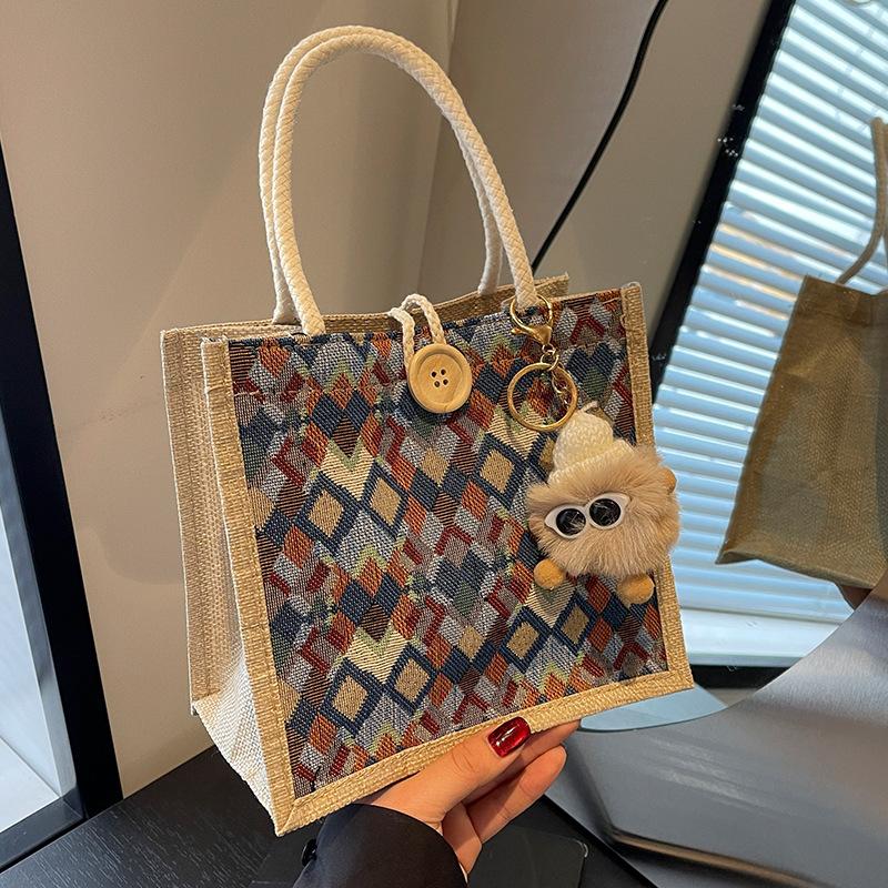 Rhombus linen handbag women's 2026 new souvenir bag fashionable women carrying small satchel when going out
