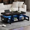 Couchtisch Schwarz, Hochglanz LED Beleuchtung, Kaffeetisch Schrank & Offene Staufächer, Sofatisch Rechteckiger Mitteltisch, 100×50×43cm