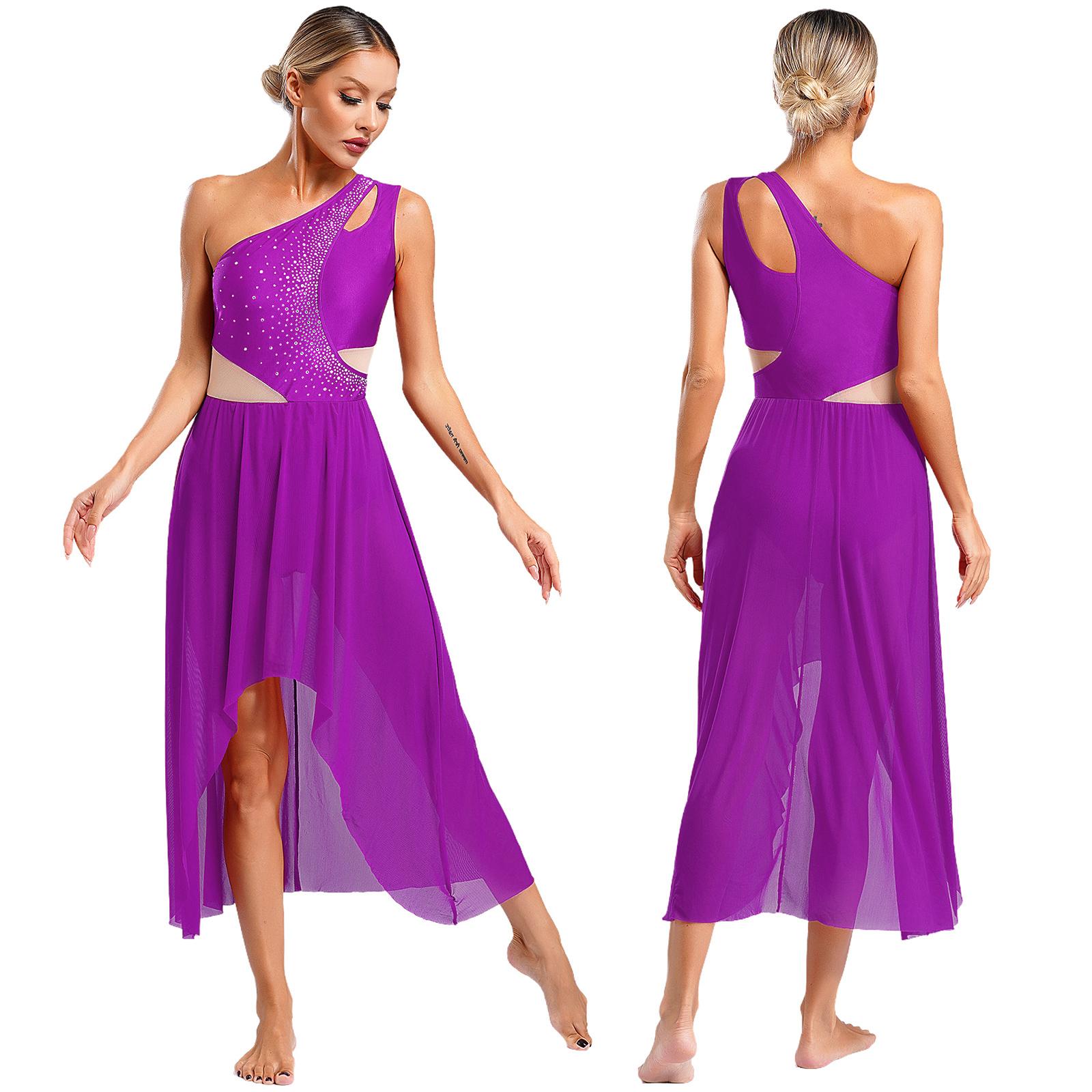 

Женский безрукавный стразы сетчатый современный лирический танцевальный купальник платье балет гимнастика катание на коньках сценическое выступление танцевальная одежда L фиолетовый