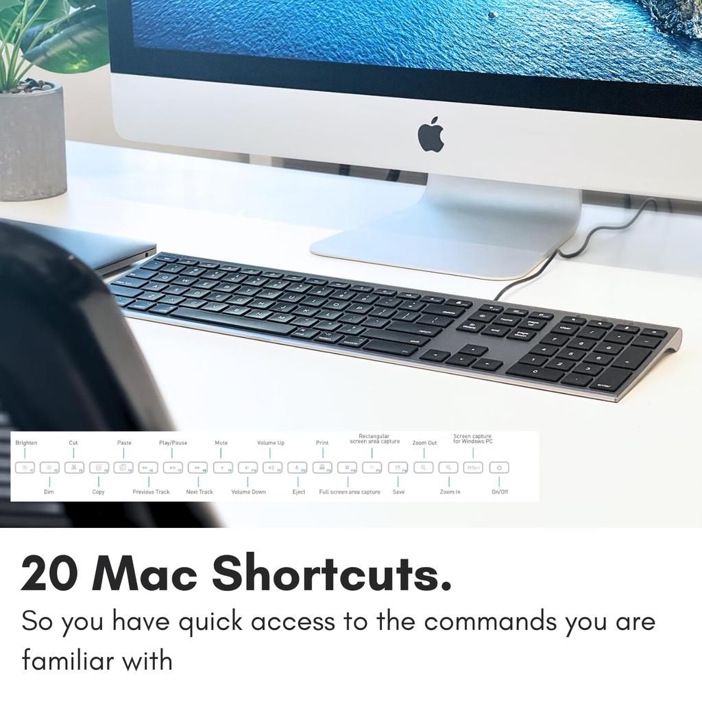 MACALLY Mac Keyboard, US Layout, Wired, All-Aluminum Frame, Slim, Quiet, Scissor-Style Keys, with Numeric Keypad, for Working from Home, Telework,