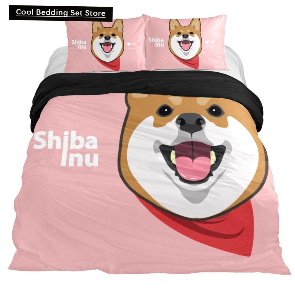 Cartoon Shiba Inu King Queen Bedding Set Yellow Pet Puppy Duvet Cover Cherry Blossoms Tree Quilt Cover Polyester Comforter Cover