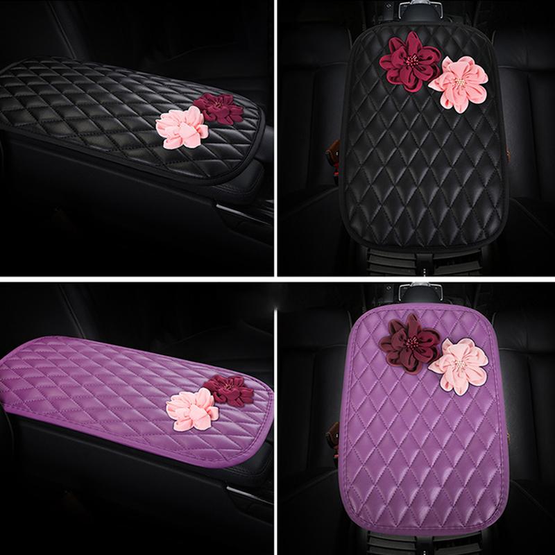

Rose Flower Decor PU Leather Car Armrest Pad Vehicle Armrest Box Decorative Mat Black