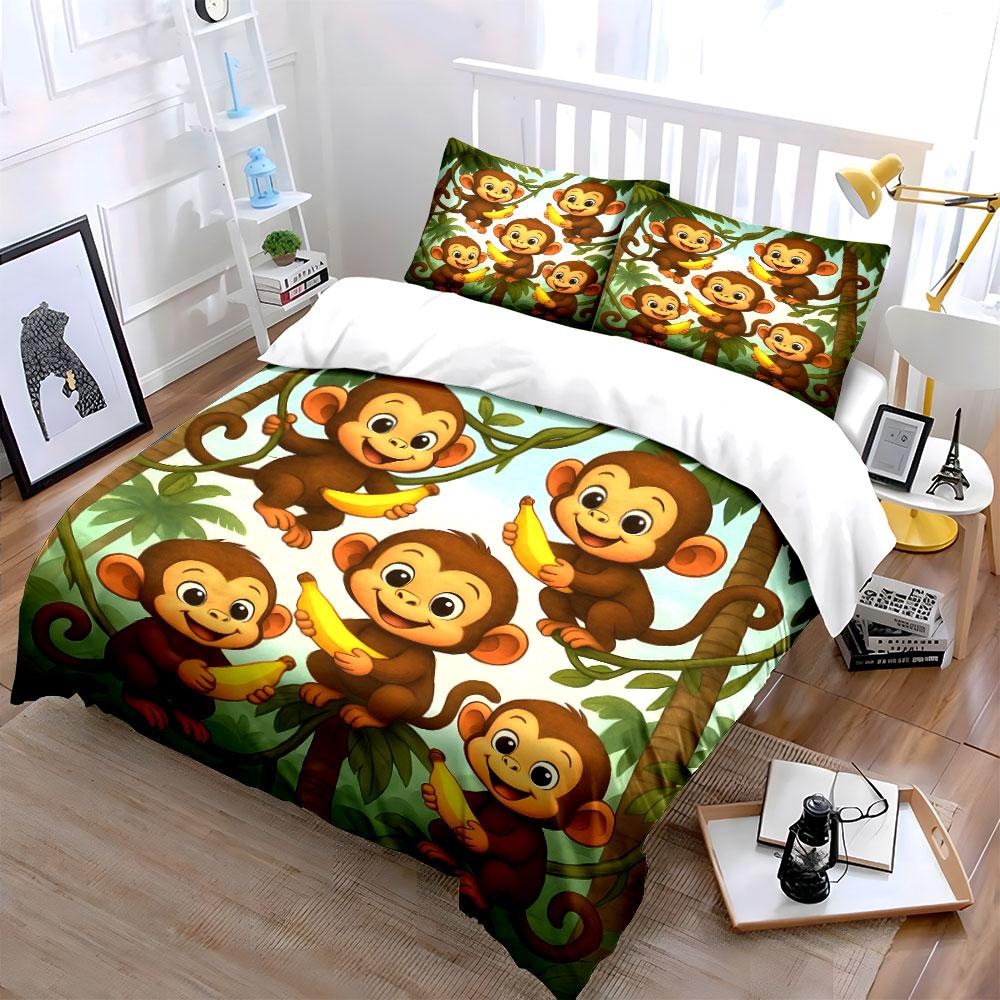 Cute Monkeys with Bananas Pattern Bedding Duvet Cover Set (1*Duvet Cover 2*Pillowcases, without duvet insert)