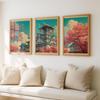 Japanese Castle Wall Art Set Teal Coral Sakura Osaka Triptych Printable Canvas Poster Prints Home Bedroom Living Room Decoration