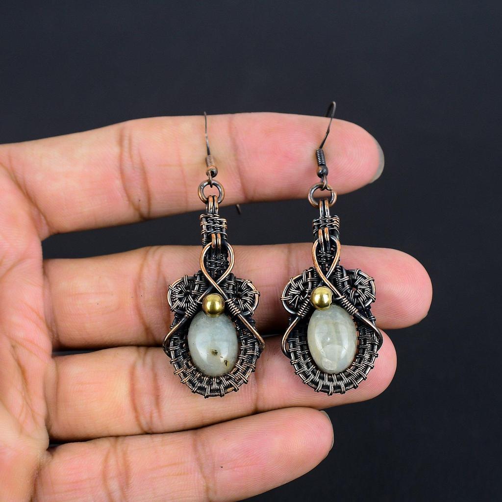 Aquamarine 999 Copper Wire Wrapped Earrings, Handmade Gemstone Earrings Jewelry, Gifts For Wife Brand New Earrings