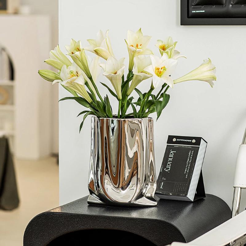 WTEMPO Ceramic Silvery Flower Vase Crinkle Paper Shaped Decorative Large Vase Ornaments for Living Room Home Decorations