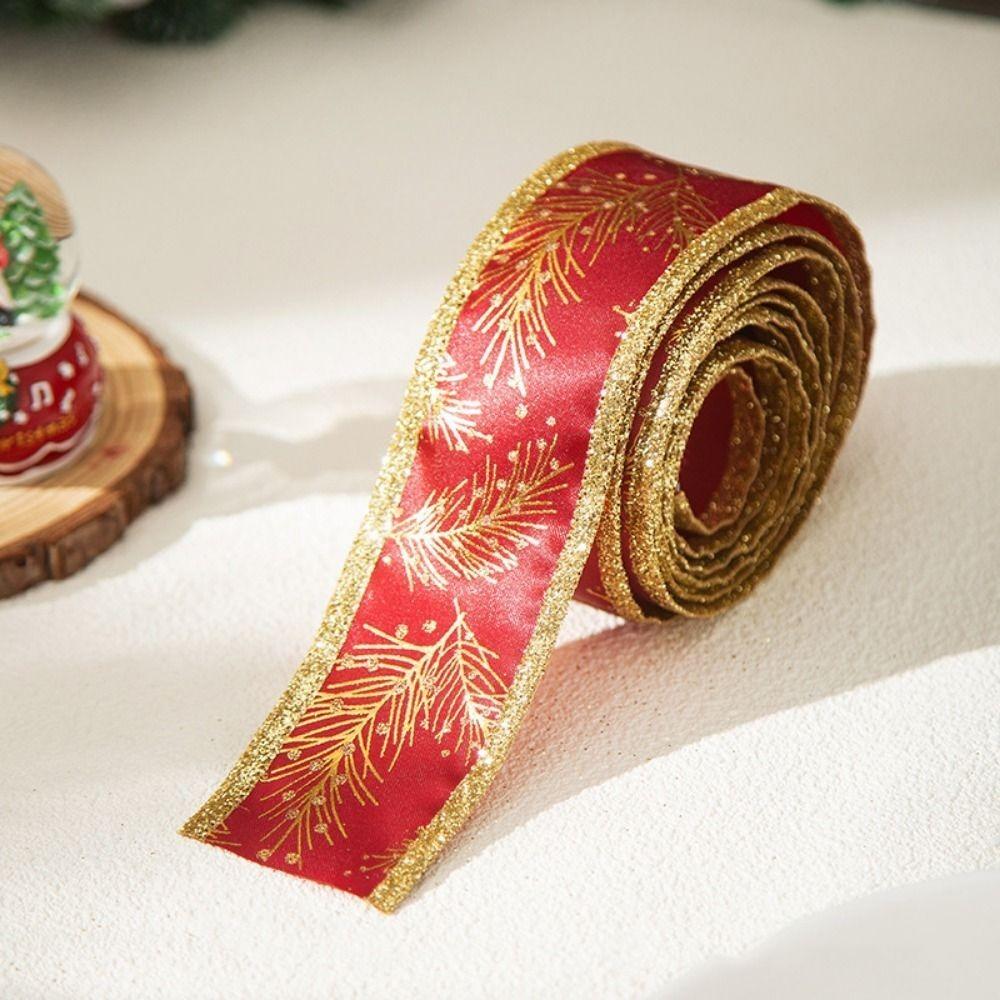 5M Leaves Pattern Christmas Gift Bow Ribbon DIY Lightweight Gold Trim Wired Ribbon Xmas Ornaments Christmas Tree Ribbon