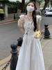 French white small flying sleeve dress women's summer temperament sweet first love style chic waist long skirt