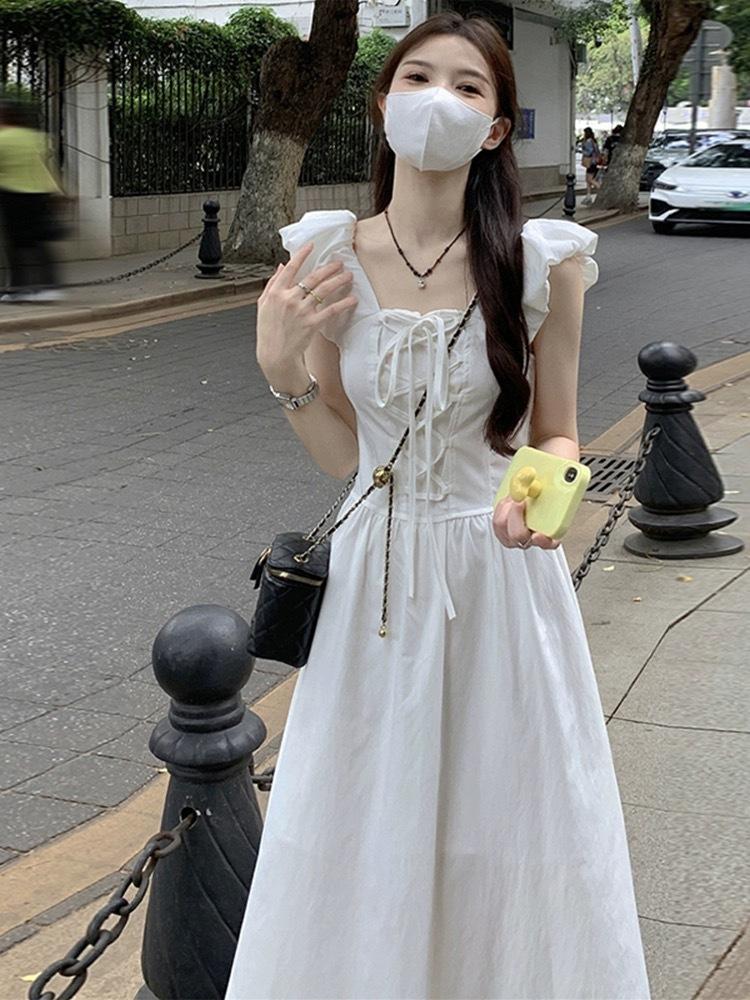 French white small flying sleeve dress women's summer temperament sweet first love style chic waist long skirt