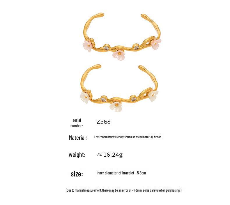 18K Gold-Plated Stainless Steel Zirconia Flower C-Shaped Open Bangle