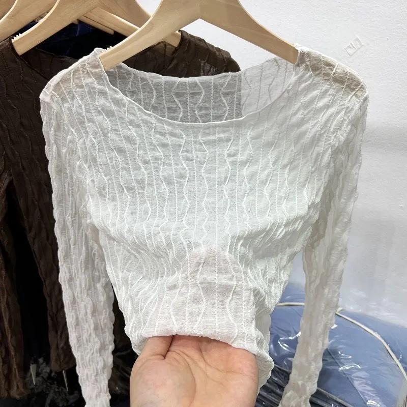 

Women s Summer Mesh Lace Blouse Lightweight Long-Sleeve Spring/Fall Layering Top XXS білий