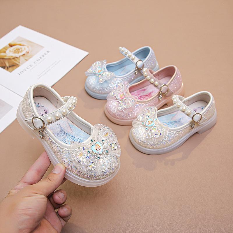 Girls' leather shoes with lights 2025 spring and autumn new children's bow rhinestone princess shoes baby girl soft sole single shoes tide