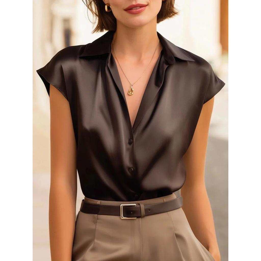 Women's Satin Short Sleeve Polo Shirt, Elegant Casual Top for Spring Summer