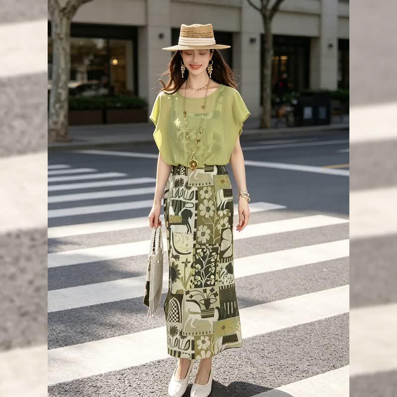 French Floral Print Faux Two-Piece Tie-Waist Dress