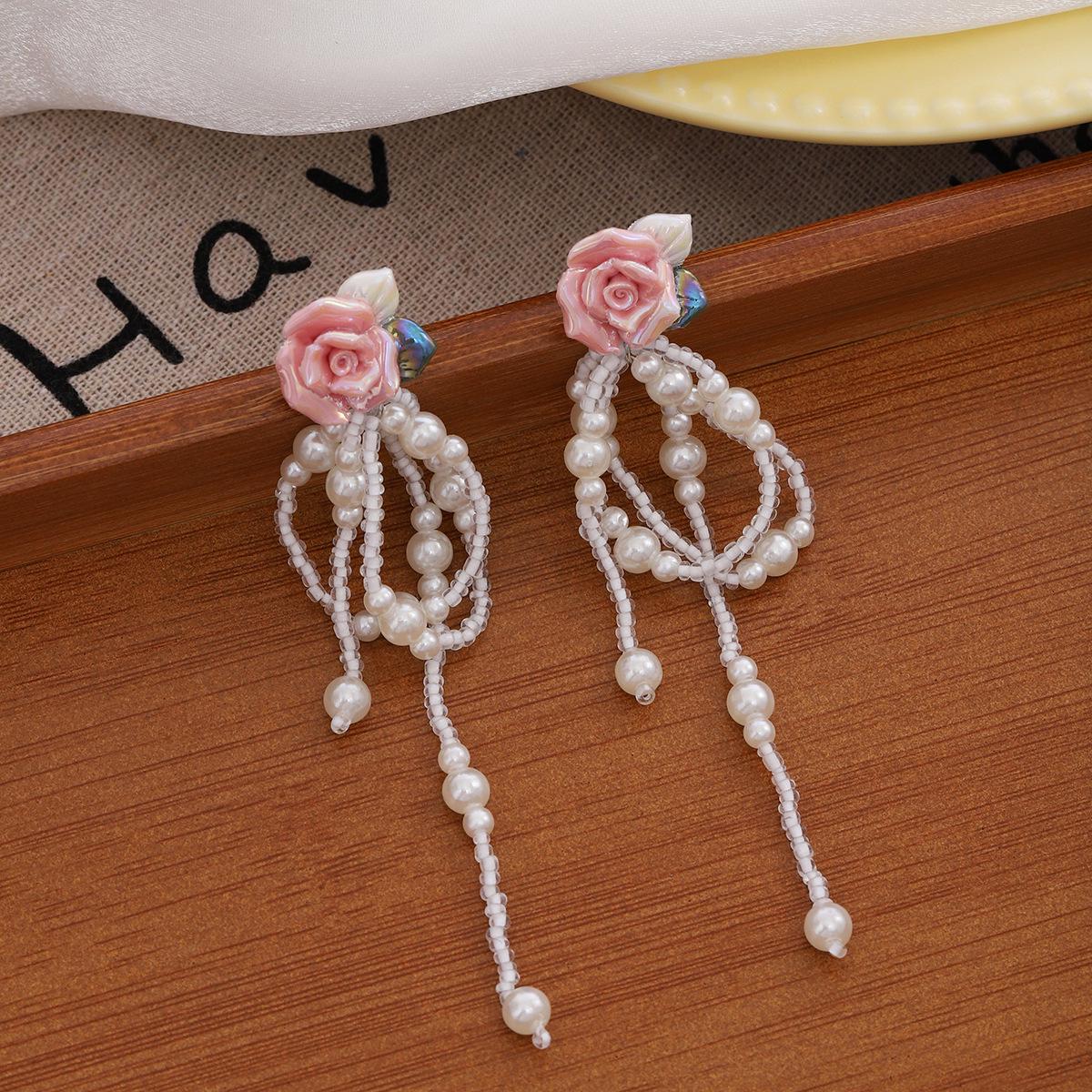 Sweet Silver Needle Pearl Earrings with Pink Rose Tassel