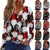 Women's Casual Christmas Print V-Neck Long Sleeve T-Shirt with Decorative Buttons for Holiday Party
