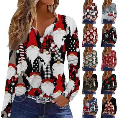 Women's Casual Christmas Print V-Neck Long Sleeve T-Shirt with Decorative Buttons for Holiday Party