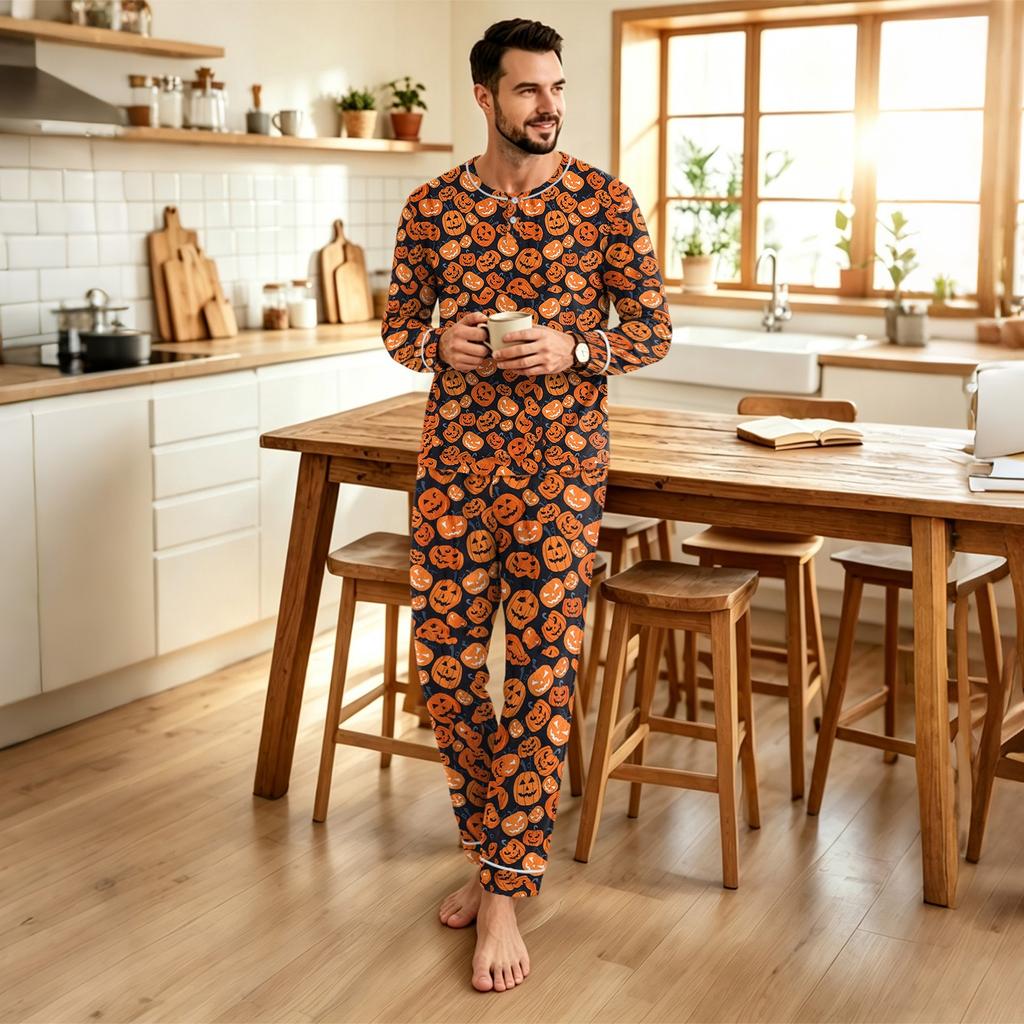 Men's Halloween Print Pajama Set Loose Fit Casual Fashion Sleepwear for Nighttime