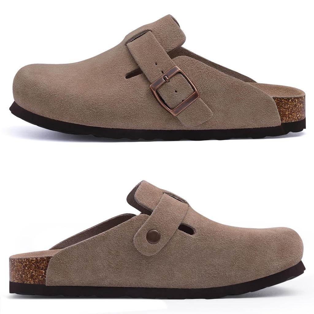 Fashion Crestar Women's Suede Clogs Lady Fashion Buckle Leather Mules Comfort Cork Footbed Potato Shoes with Arch Support Beach Sandal