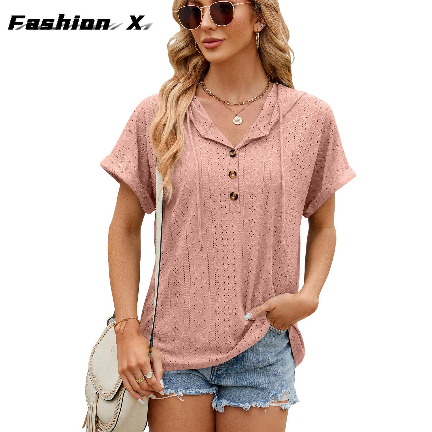 

2024 весна и лето, новая однотонная свободная футболка с короткими рукавами и пуговицами, топ для женщин XL