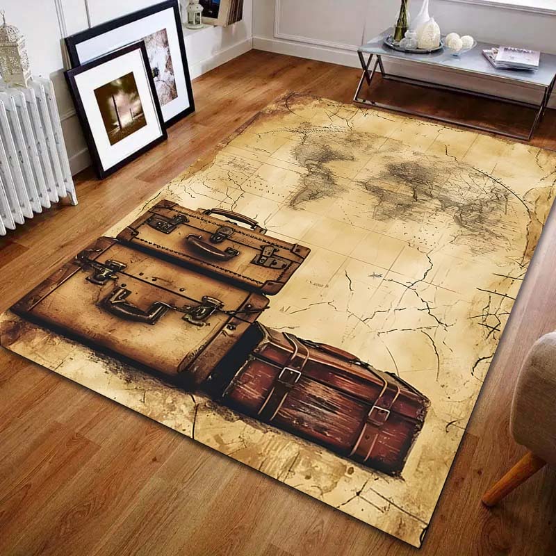 Koffer und Weltkarte bedruckter Teppich für Schlafzimmer Wohnzimmer Bettseite Sofa Bodenmatte Modernes Wohndekor Bereichsteppich Große Größe