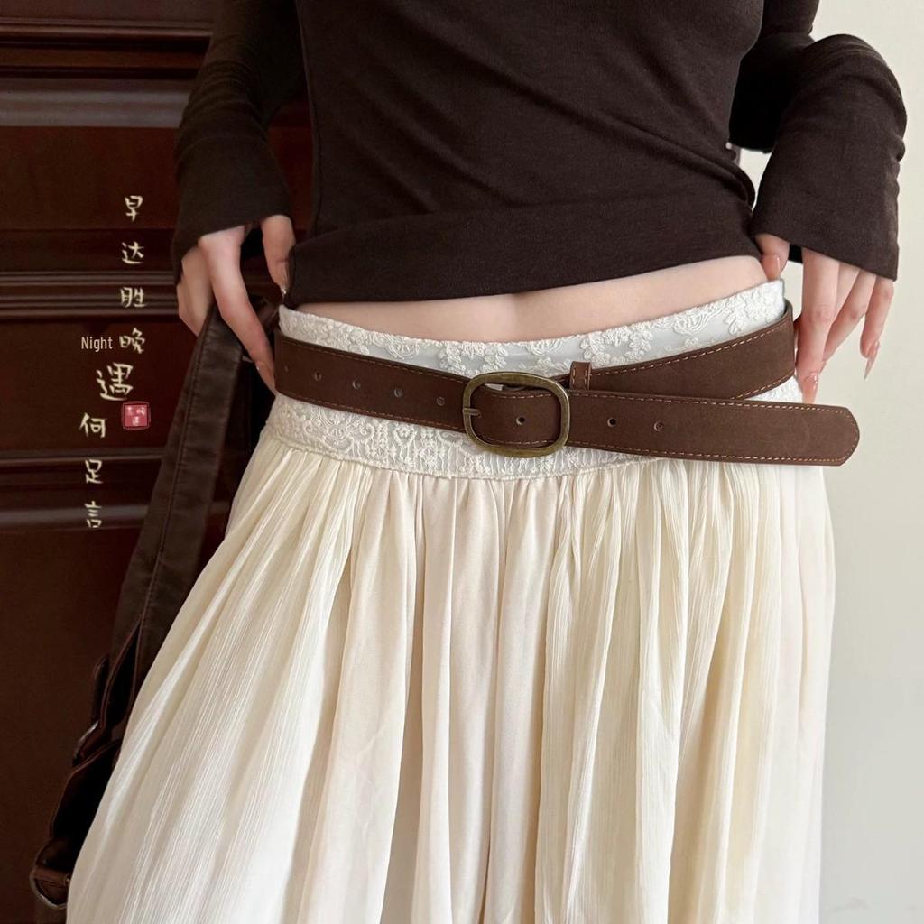 Women's High-End Retro Brown Leather Belt with Buckle - Stylish Wide Waistband Accessory for Jeans