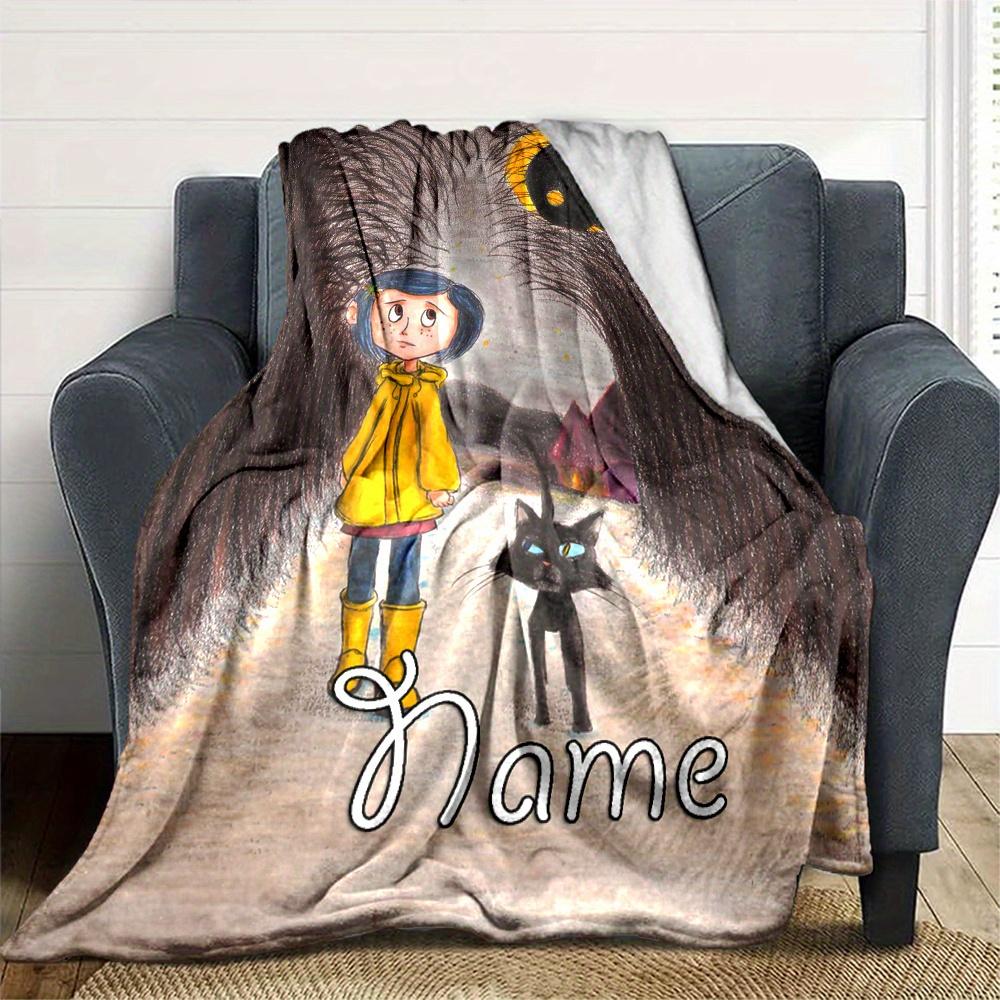 Coraline And Cat Pattern Flannel Blanket Name Can Be Customized Comfortable In All Seasons Suitable For Sofa Bed Travel Camping And Office Decoration