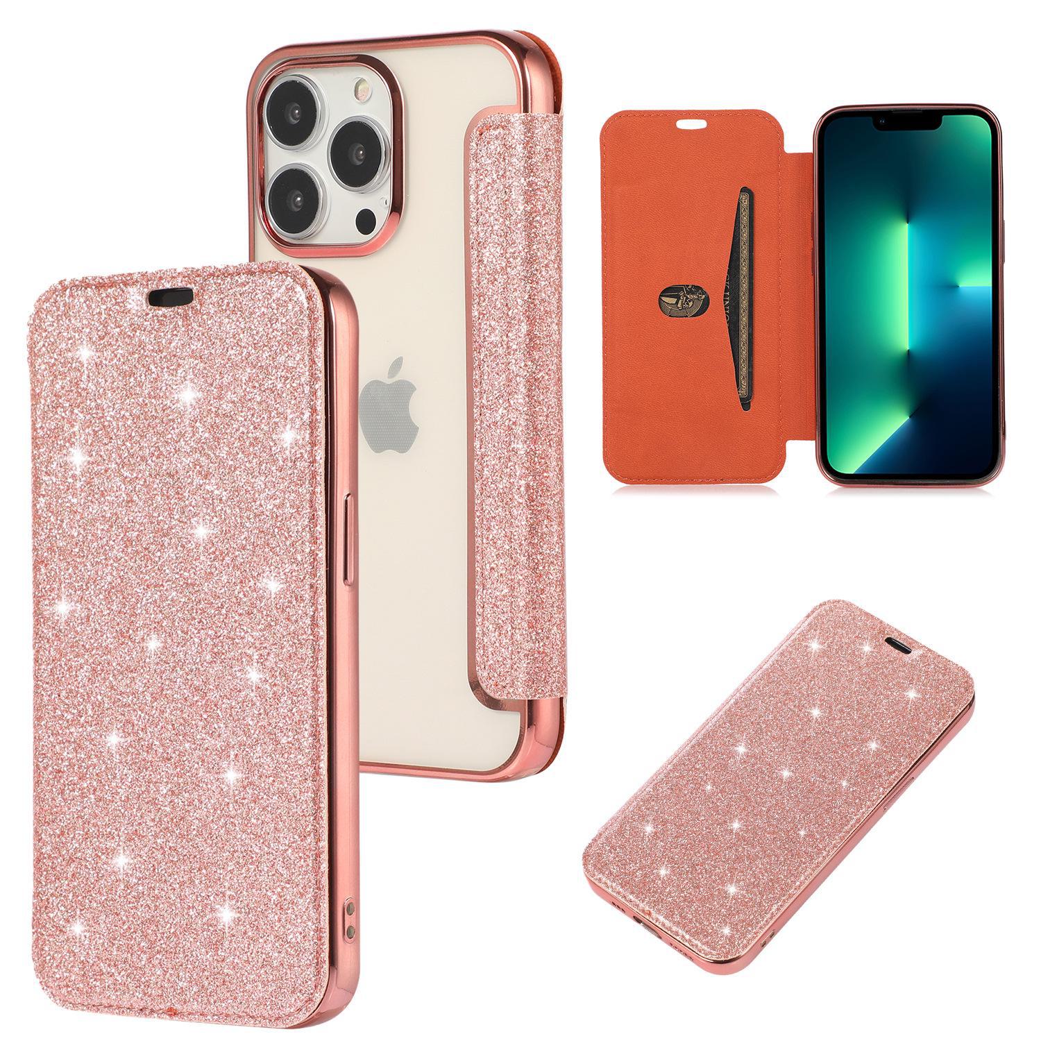 

Чехол из блестящей кожи для iPhone 14 — прозрачный держатель для карт из ТПУ с гальваническим покрытием, модная и комплексная защита. iPhone 13 розового золота