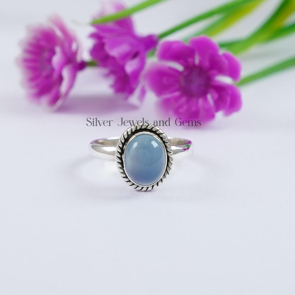 Blue Chalcedony Ring, 925 Sterling Silver Oval Gemstone, Handmade Dainty Ring