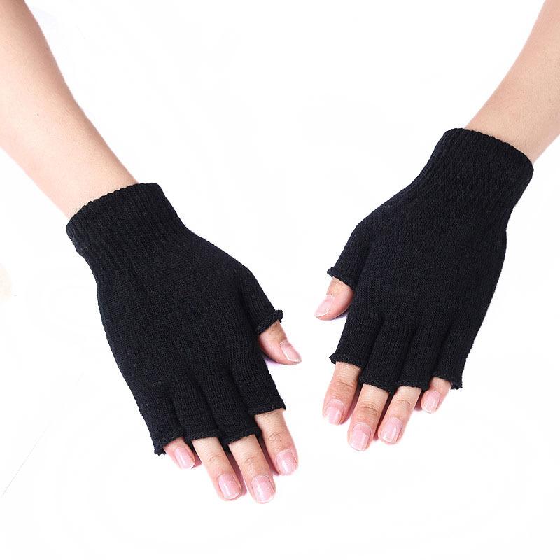 Black Short Half Finger Fingerless Knit Gloves Solid Color Half Finger Knitted Mitten Autumn Winter Outdoor Motor Driving Gloves