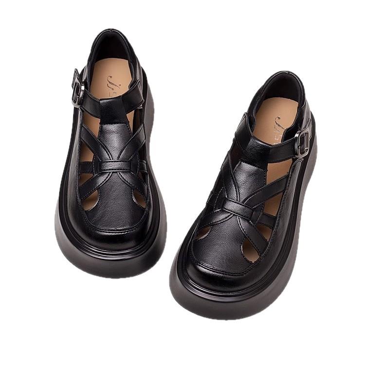 Fashion Versatile Hollow Soft Sole Soft Leather Sandals Women's Summer New Retro Soft Sole with Skirt Sandals