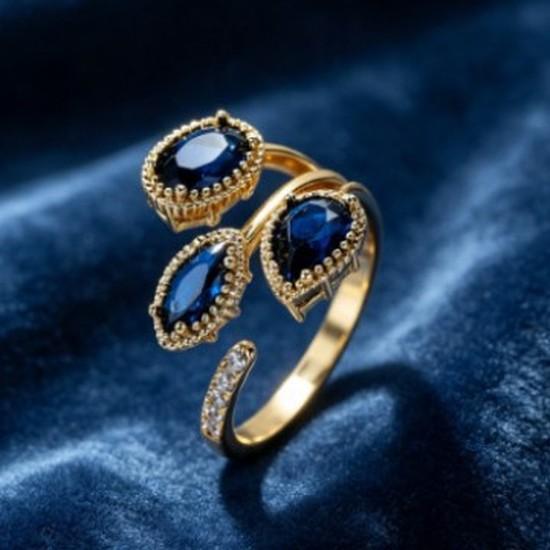 Vintage Blue Zircon Water Drop Horse Eye Diamond Open Ring Light Luxury Palace Style Gold Adjustable Ring