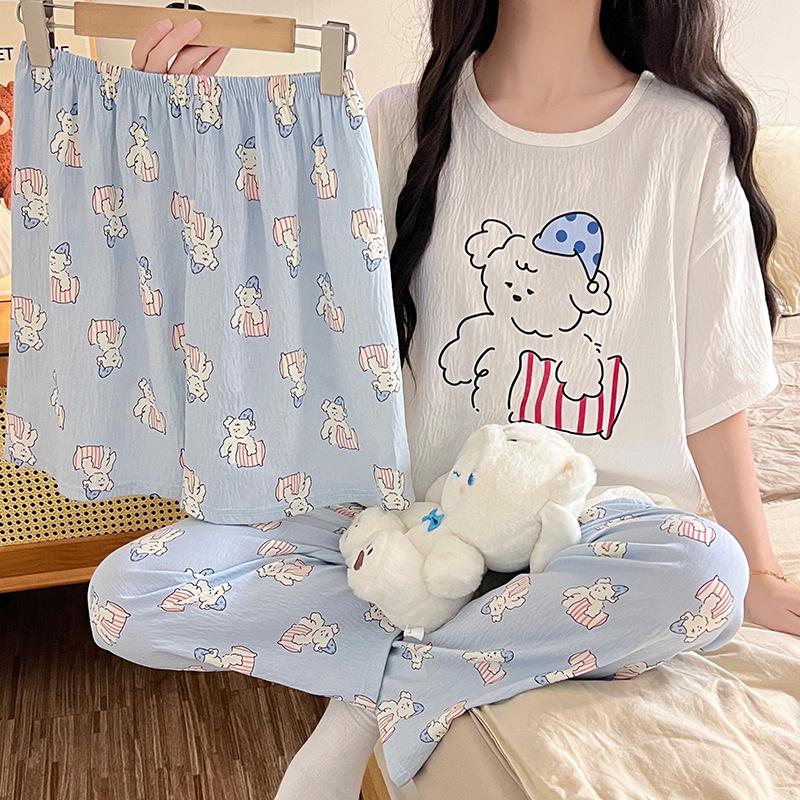 

Women s Three-Piece Summer Pajama Set: Cute Round Neck Short Sleeve Home Wear in Cloud Cotton. XL-2XL