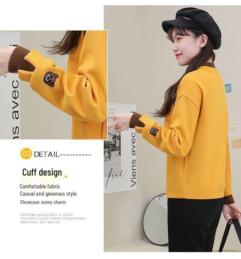 Plus Size Women's Fleece-Lined Bear Sweatshirt, Faux Two-Piece, Loose Fit, Slimming Round Neck, Autumn/Winter Jacket