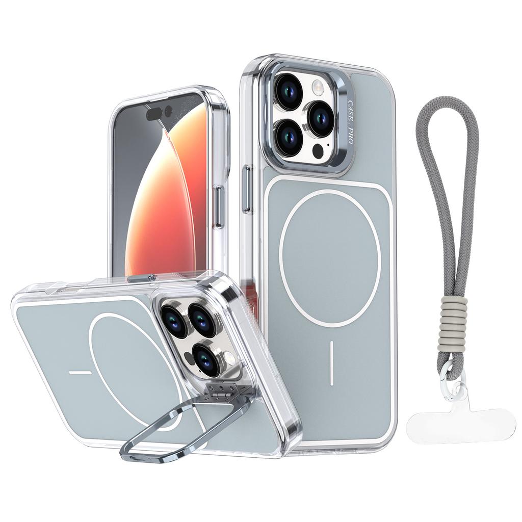 For iPhone 16 Pro Max Case Compatible with MagSafe Lens Kickstand TPU Acrylic Phone Cover with Matching Hand Strap