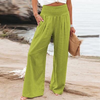 Fashion Casual Green Wide Leg Pants Women Elastic Solid Cotton Linen Long Pants Female Loose OL Style Womens Trousers 22683