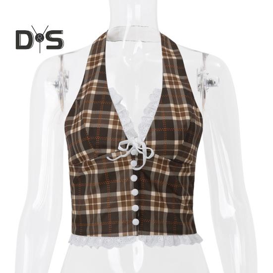 Sexy vesta Halter Šněrovací topy bez rukávů s odhalenými zády a kostkovaným vzorem s krajkovou dekorací Slim Fit Topy ve francouzském stylu