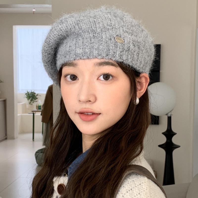 Women's Korean Style Woolen Beret: Versatile, Solid Color, Knitted, Warm, Windproof, with Metal Label for Autumn and Winter