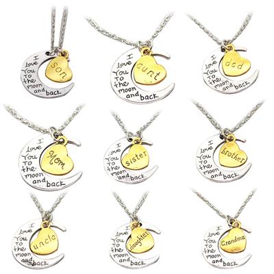 I Love You Carved Letter Moon Love Heart Pendant Necklace Family Jewelry Gift