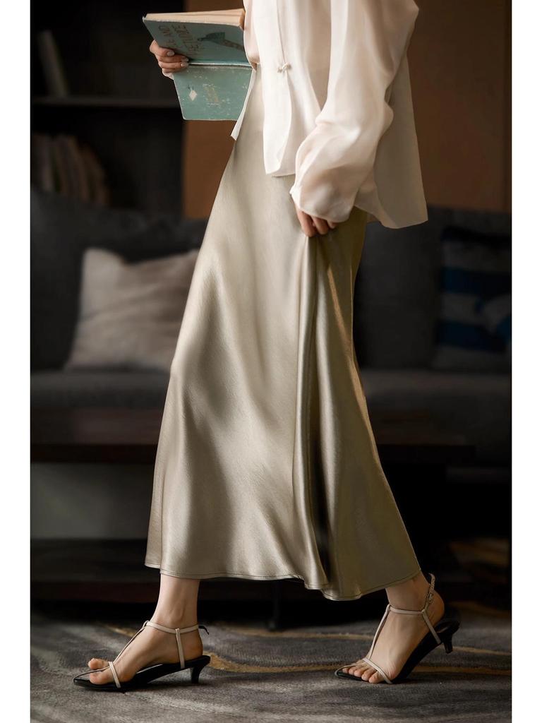 Eleganter Satin-Midirock im französischen Stil - Hoher Bund, Minimalistisches A-Linien-Schirmdesign für Damen