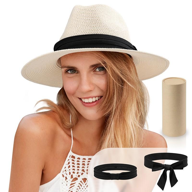 Womens Wide Brim Paper Straw Hat Beach Vacation Sun Protection Foldable Panama Style