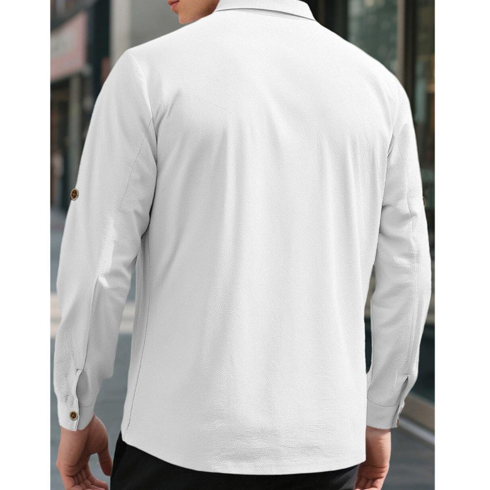Soft and Comfortable Men's Collar Pocket Solid Color Button Up Cardigan Long Sleeved Linen Top Suitable for Daily Leisure