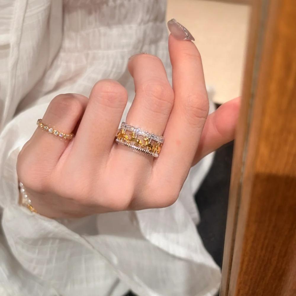 French Retro Rings for Women Luxury Diamond Line Band Vintage Stackable Minimalist Jewelry Gift