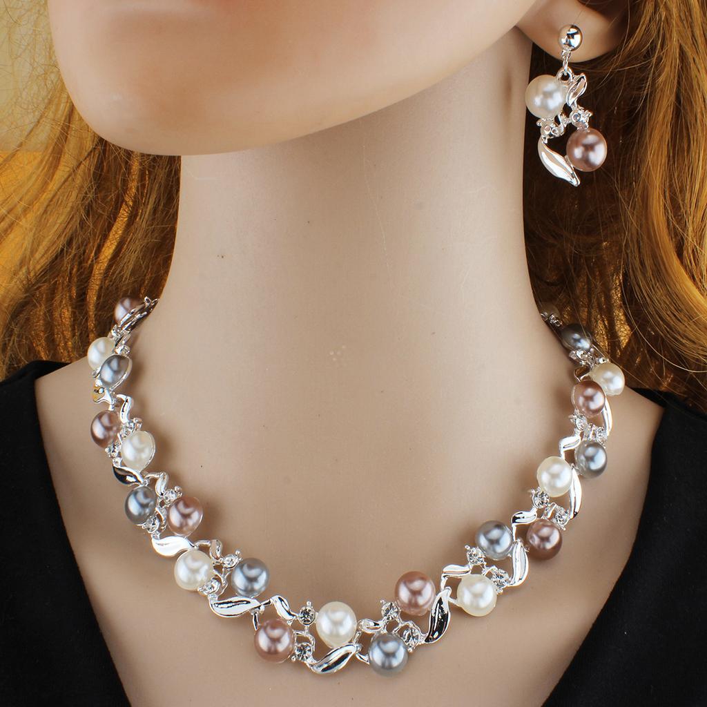 Vintage Turquoise Artificial Pearl Inlay Jewelry Set Necklace Earrings Elegant Statement Accessories for Women